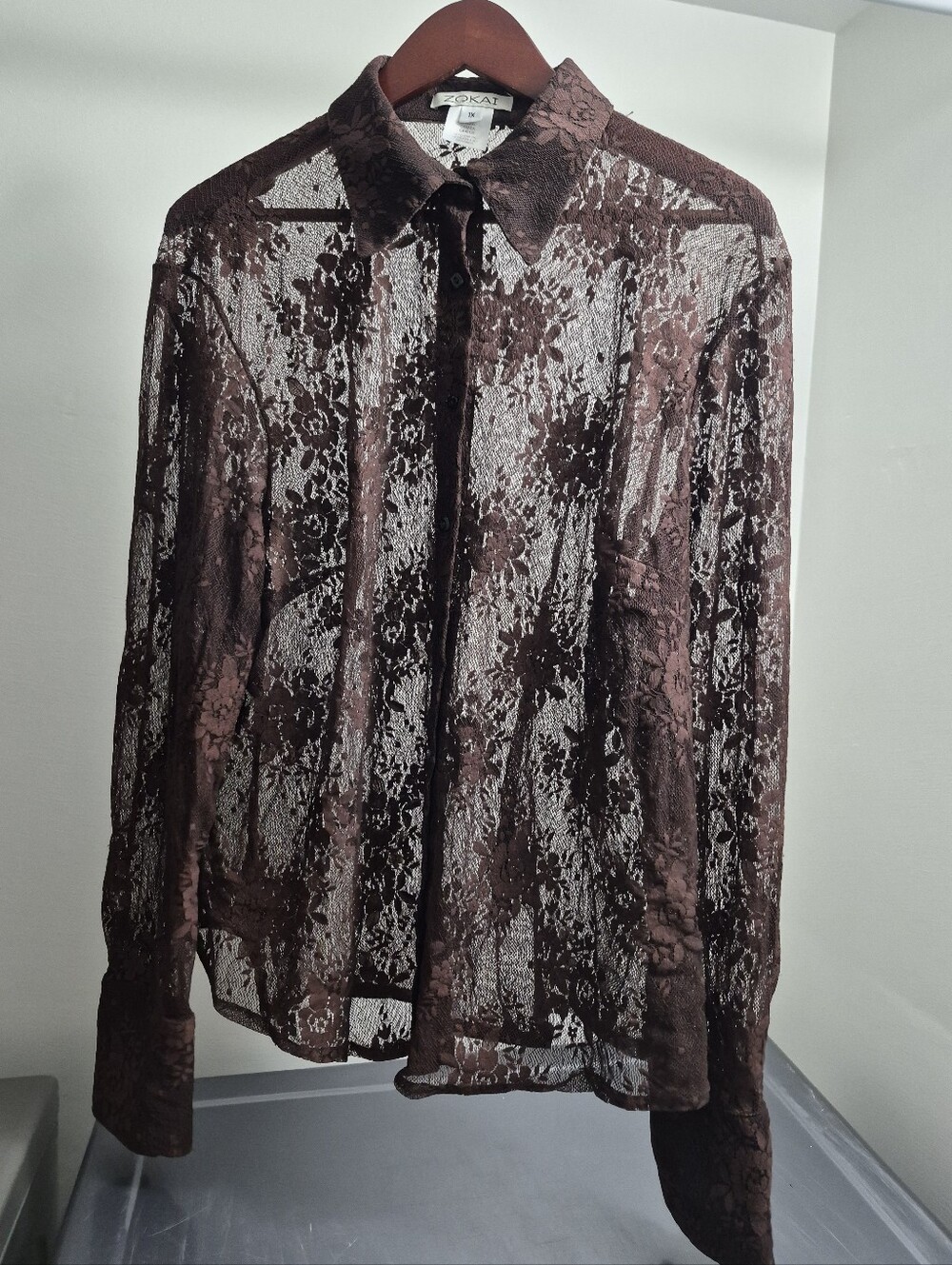Vintage Sheer Floral Lace Button-Down Shirt in Brown